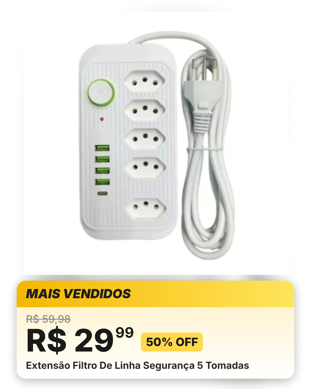 Extensão Filtro De Linha Segurança 5 Tomadas