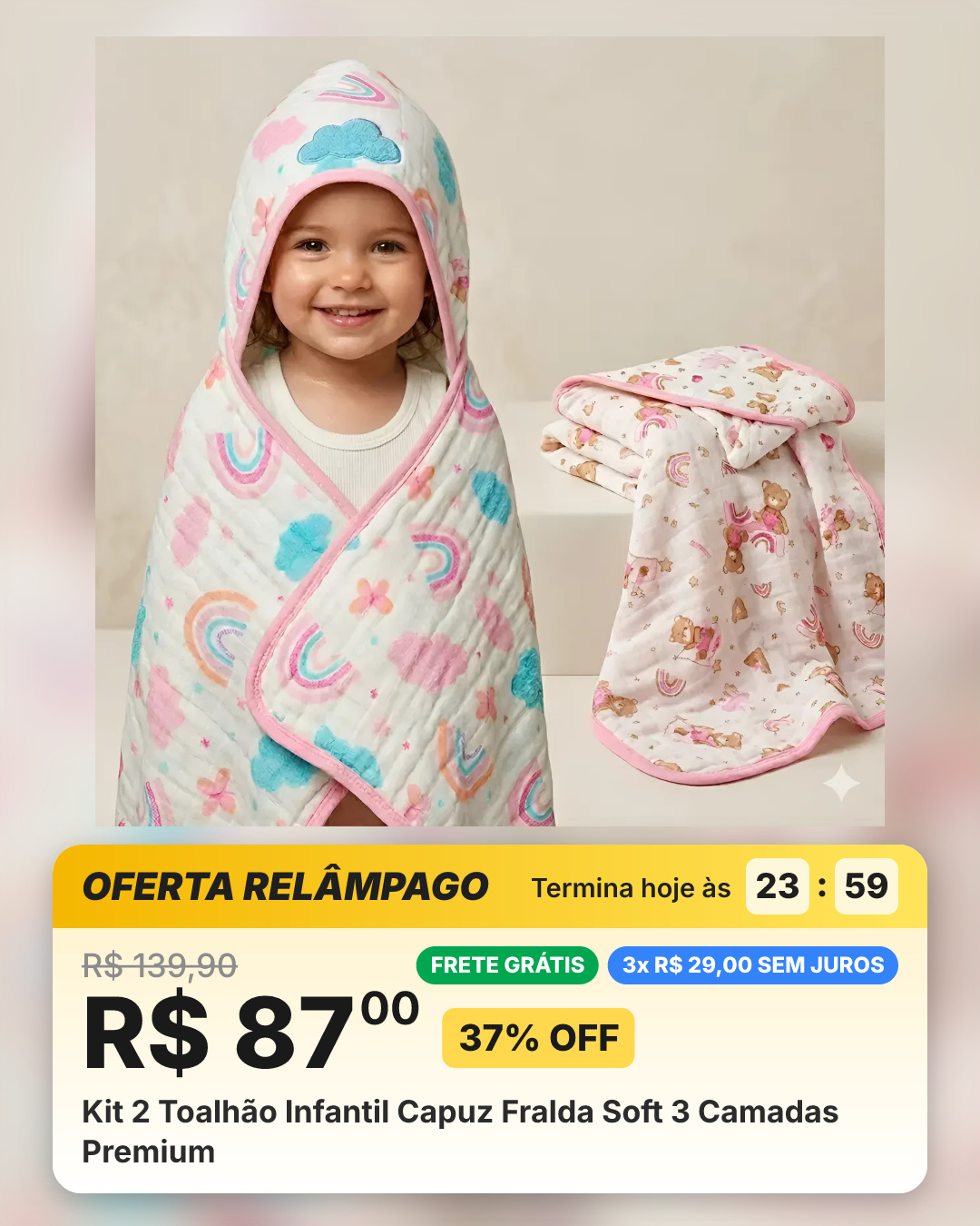 Kit 2 Toalhão Infantil Capuz Fralda Soft 3 Camadas Premium
