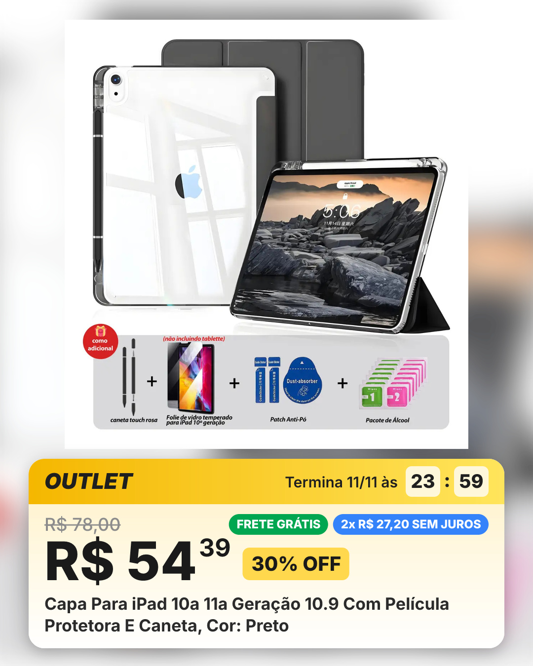 Capa Para iPad 10a 11a Geração 10.9 Com Película Protetora E Caneta, Cor: Preto