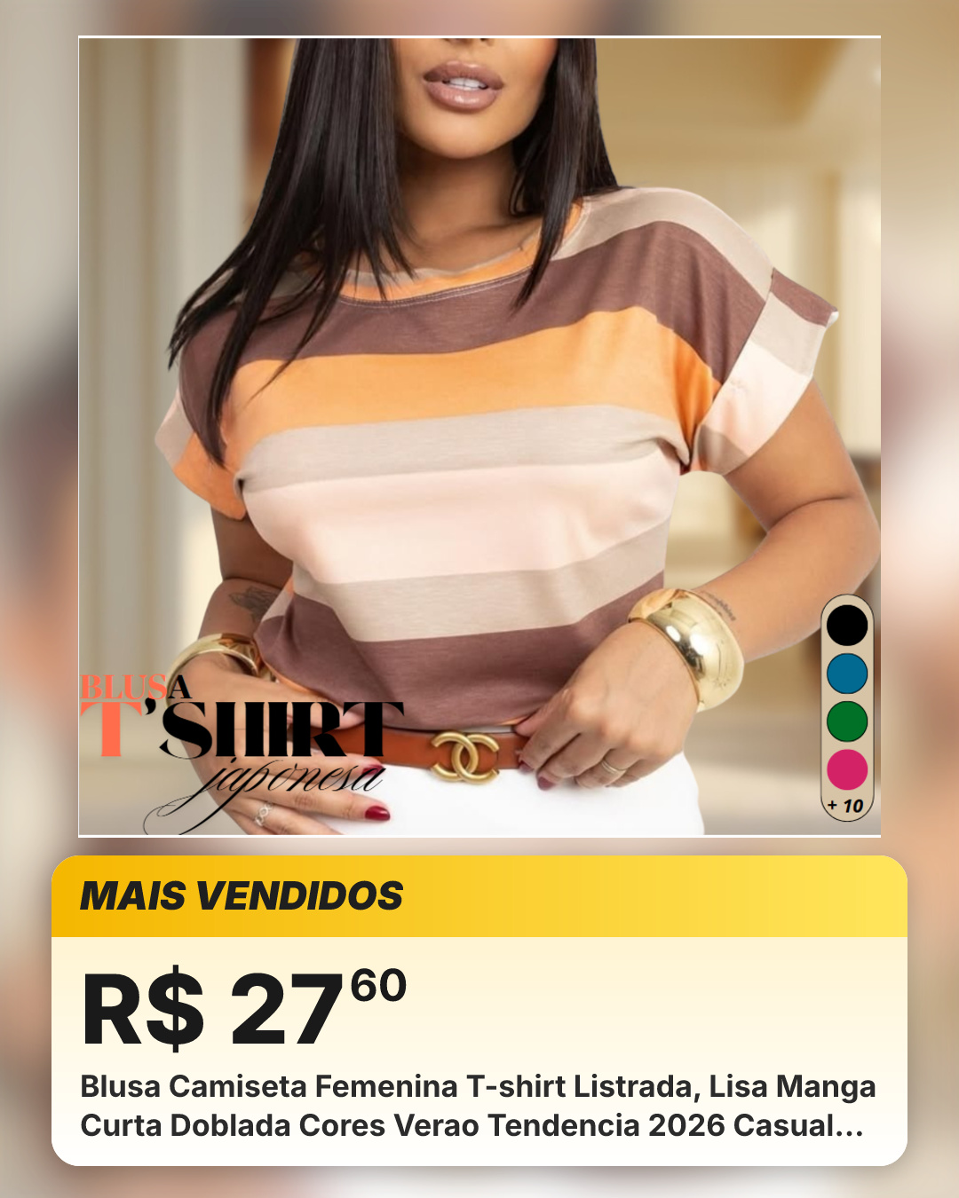 Blusa Camiseta Femenina T-shirt Listrada, Lisa Manga Curta Doblada Cores Verao Tendencia 2026 Casual Elegante