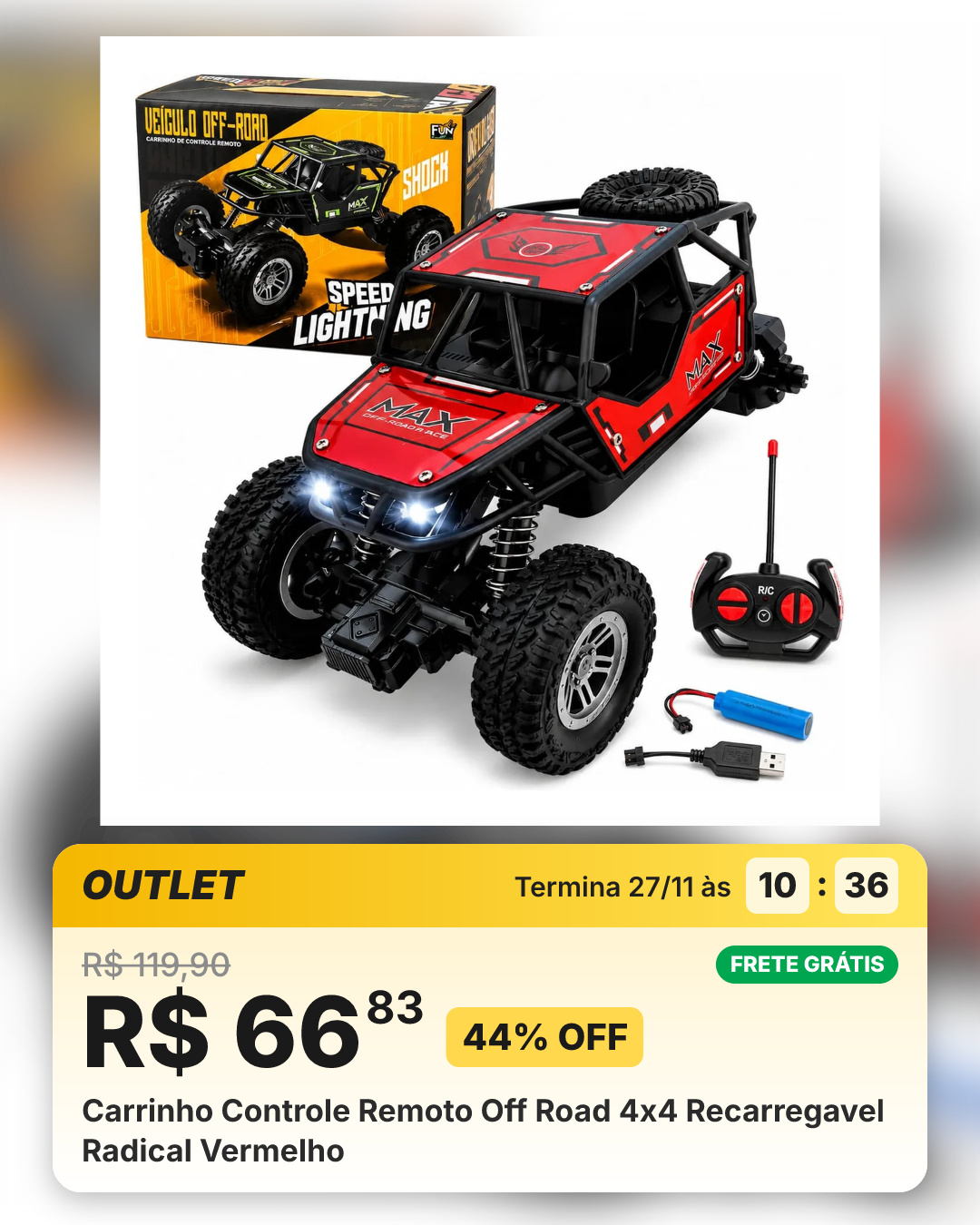 Carrinho Controle Remoto Off Road 4x4 Recarregavel Radical Vermelho