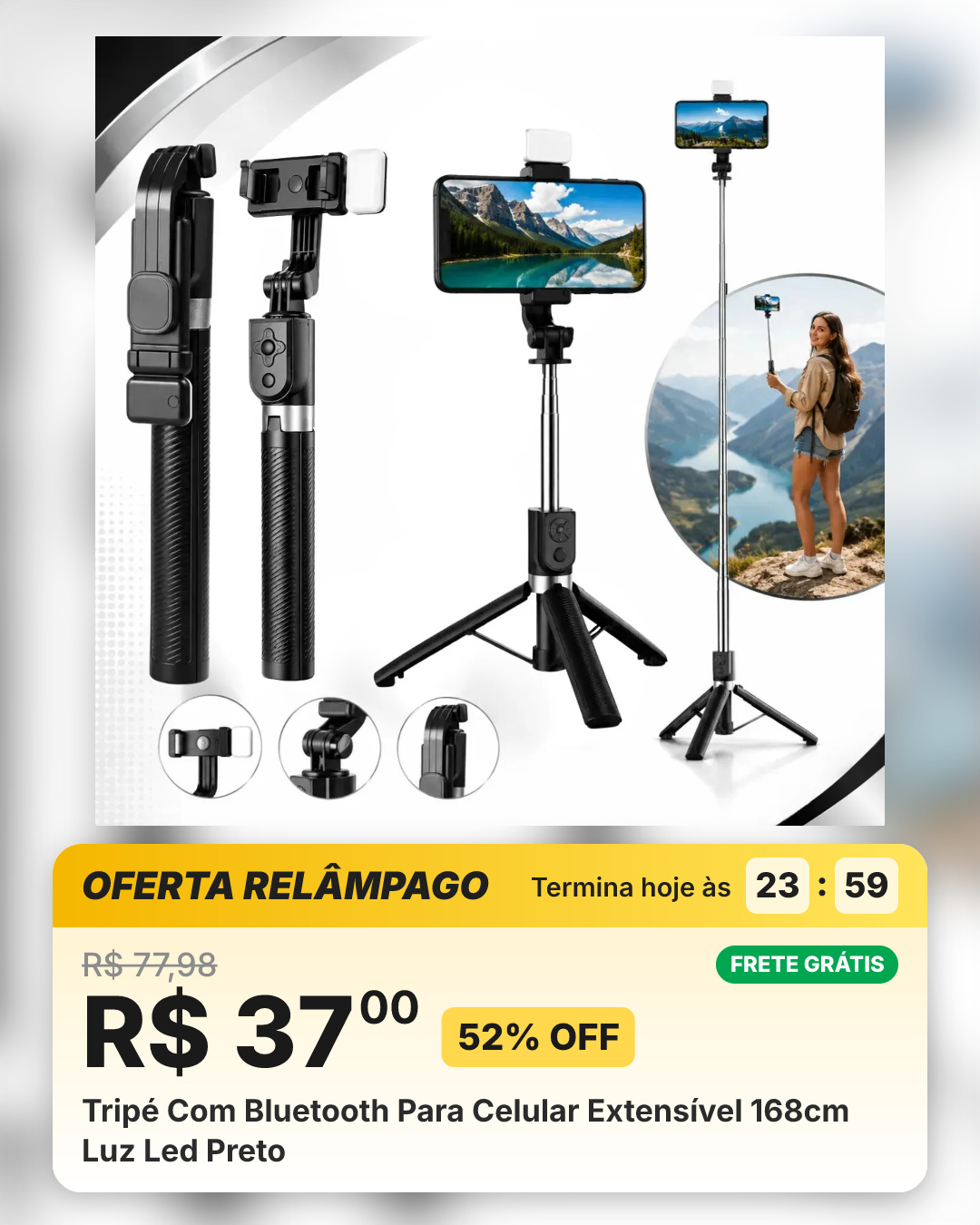 Tripé Com Bluetooth Para Celular Extensível 168cm Luz Led Preto