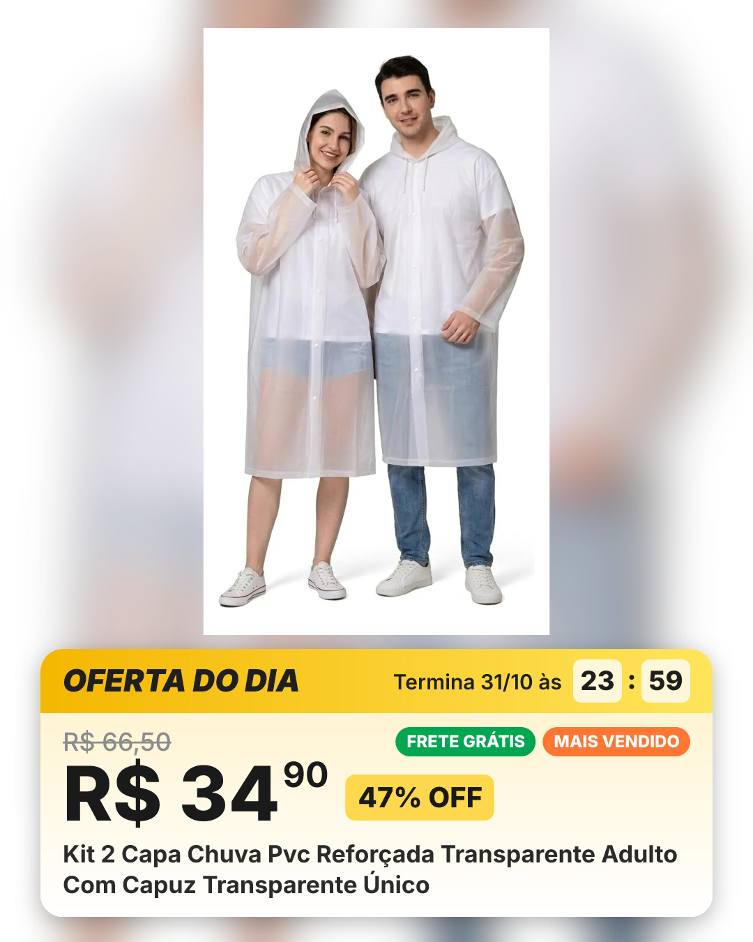 Kit 2 Capa Chuva Pvc Reforçada Transparente Adulto Com Capuz Transparente Único