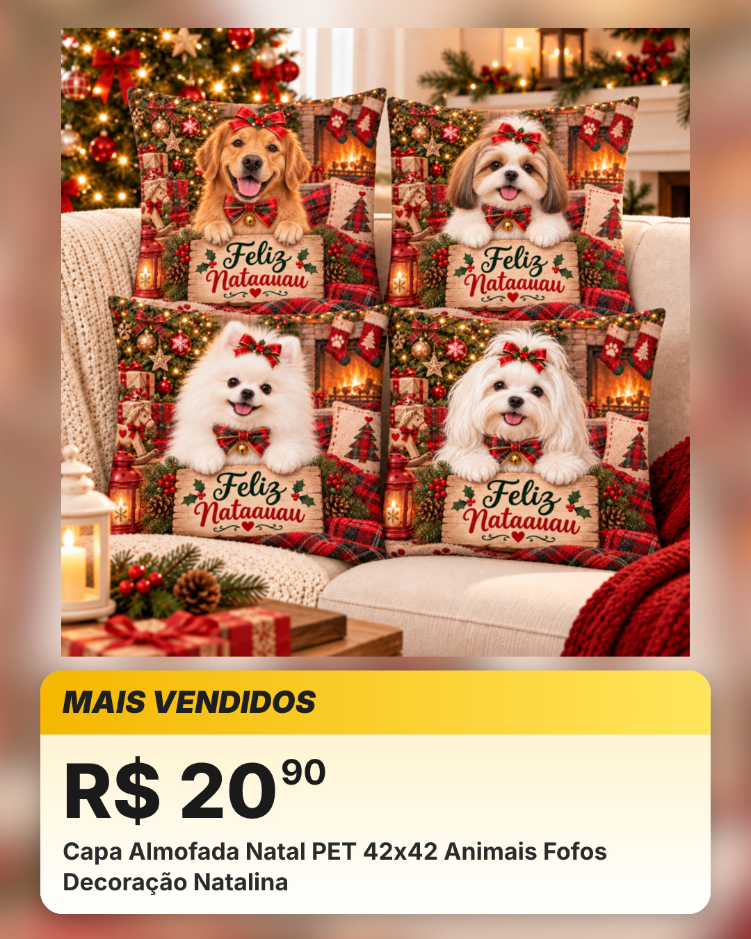 Capa Almofada Natal PET 42x42 Animais Fofos Decoração Natalina