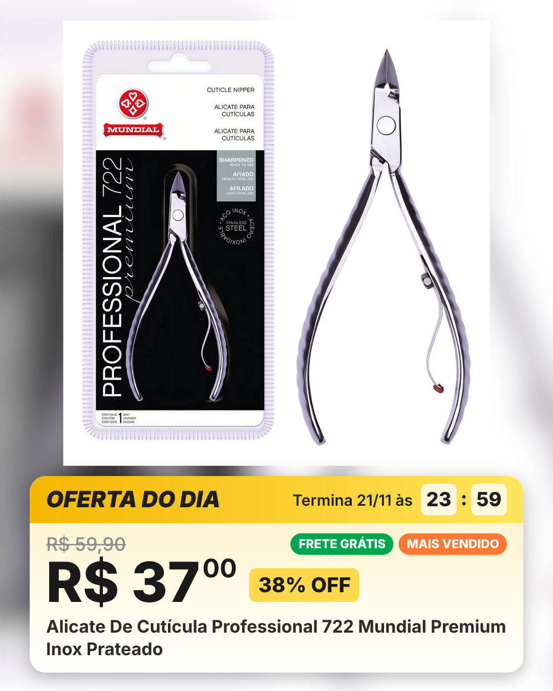 Alicate De Cutícula Professional 722 Mundial Premium Inox Prateado