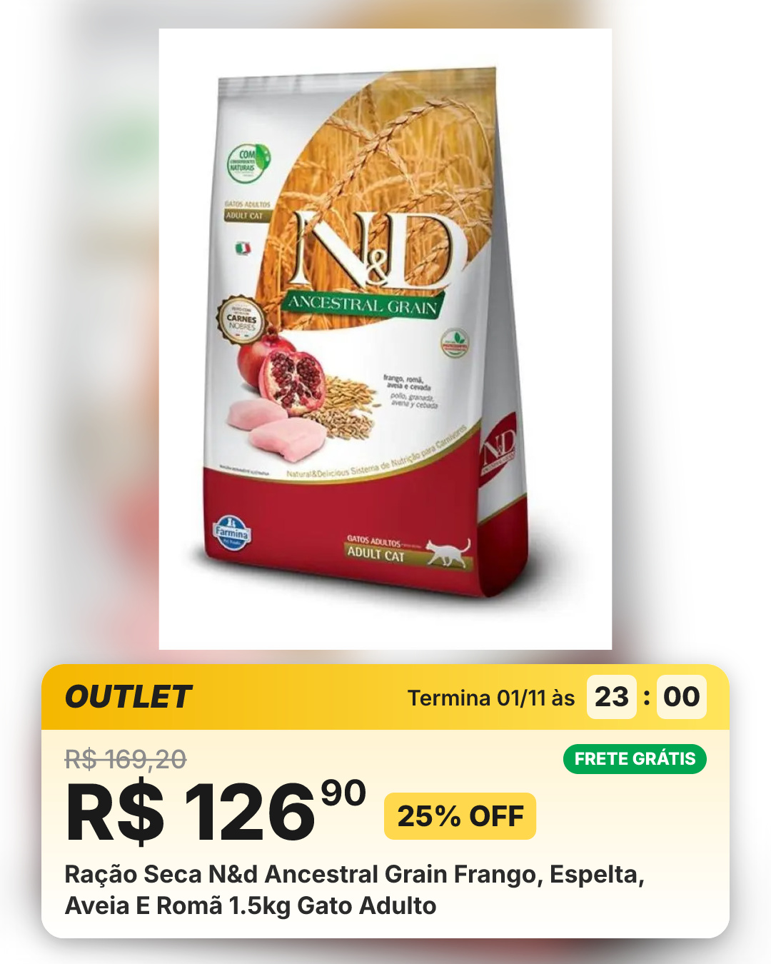 Ração Seca N&d Ancestral Grain Frango, Espelta, Aveia E Romã 1.5kg Gato Adulto