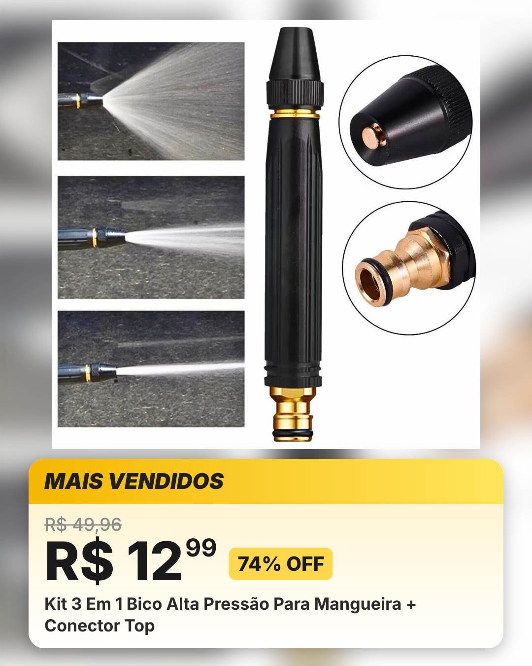 Kit 3 Em 1 Bico Alta Pressão Para Mangueira + Conector Top