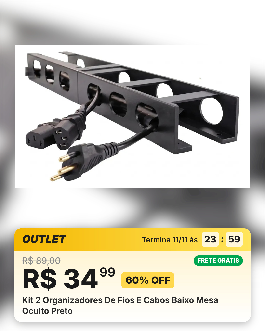Kit 2 Organizadores De Fios E Cabos Baixo Mesa Oculto Preto