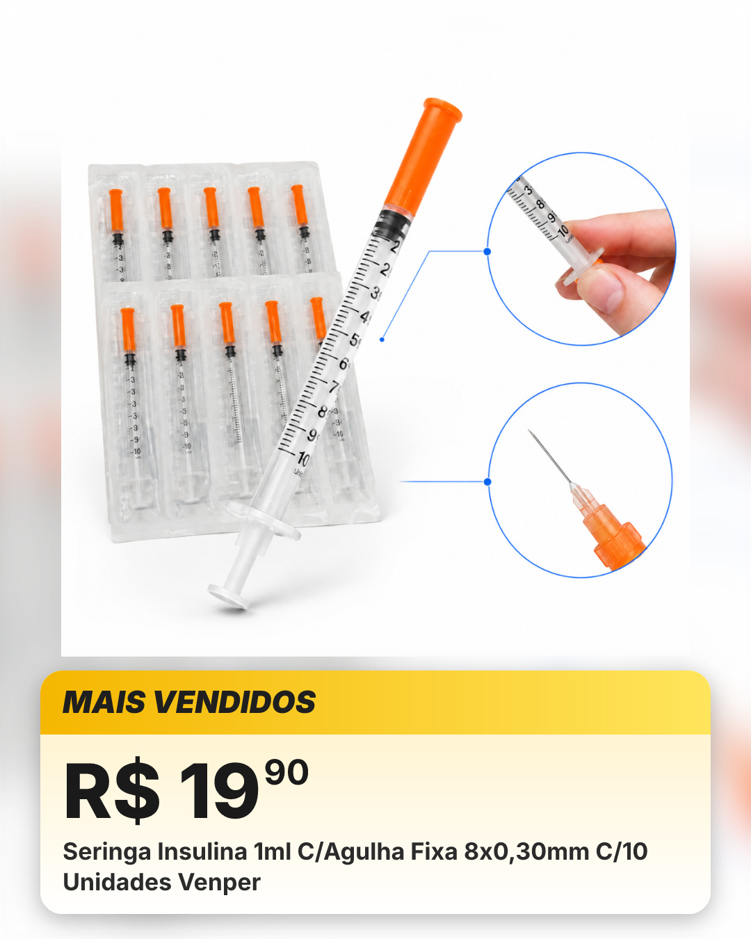 Seringa Insulina 1ml C/Agulha Fixa 8x0,30mm C/10 Unidades Venper