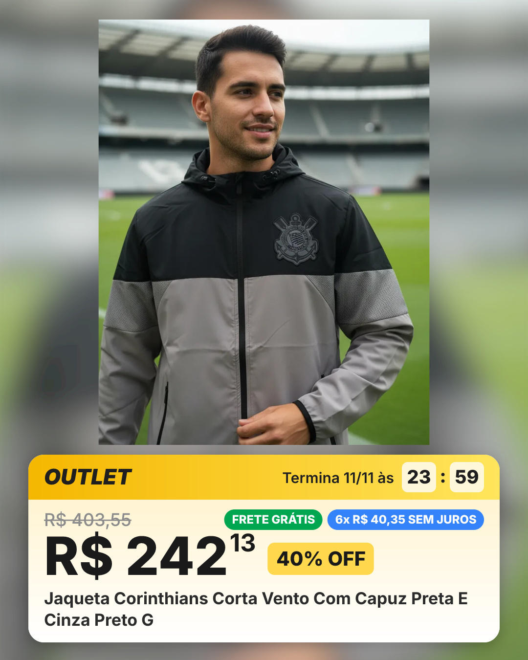 Jaqueta Corinthians Corta Vento Com Capuz Preta E Cinza Preto G
