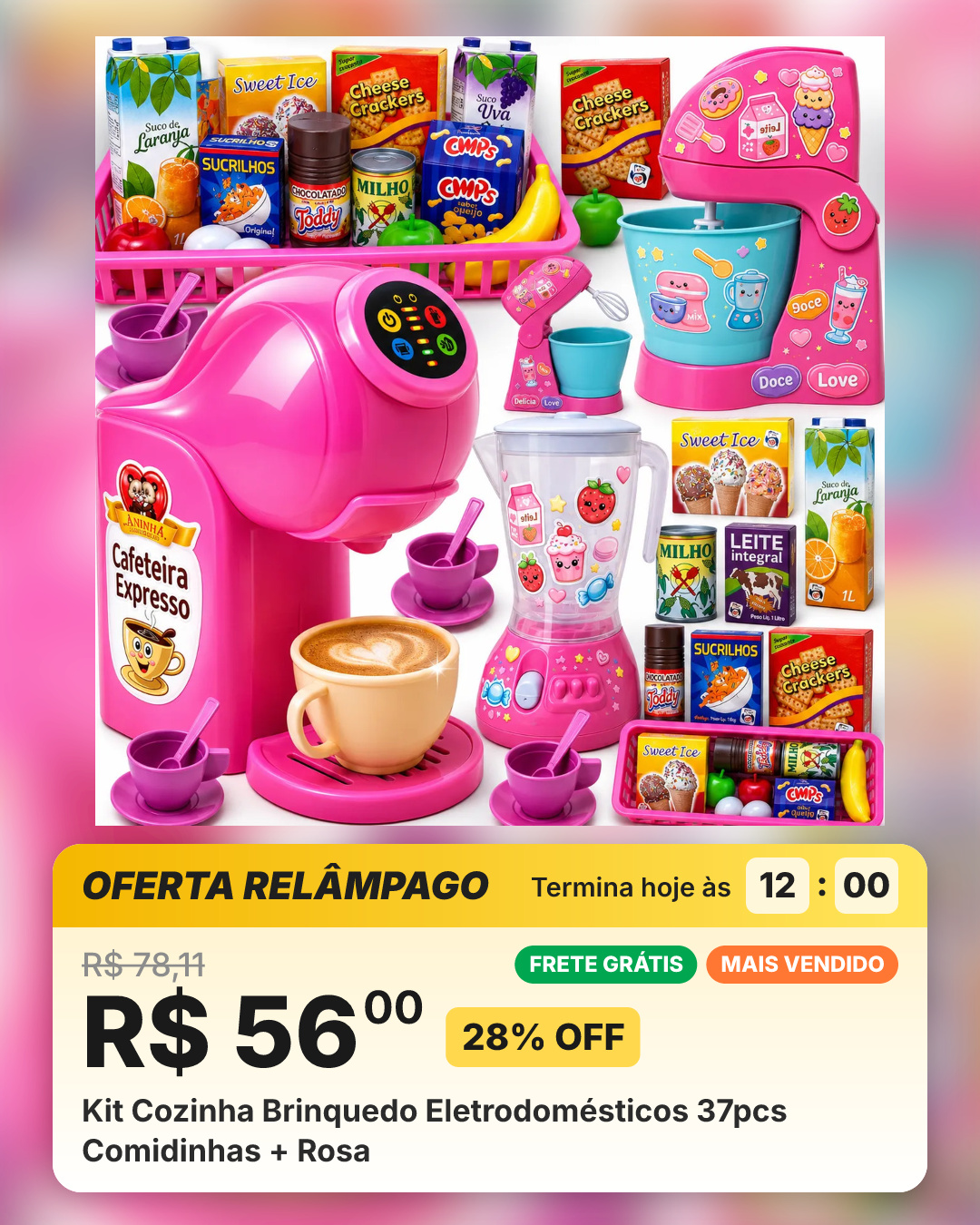 Kit Cozinha Brinquedo Eletrodomésticos 37pcs Comidinhas + Rosa