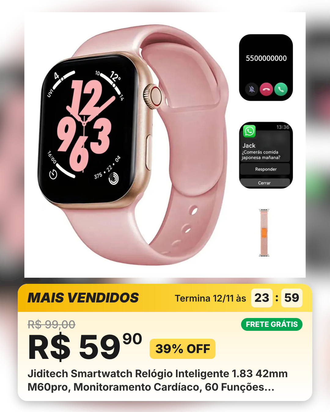 Jiditech Smartwatch Relógio Inteligente 1.83 42mm M60pro, Monitoramento Cardíaco, 60 Funções, Chamadas & Notificações,... Rosa
