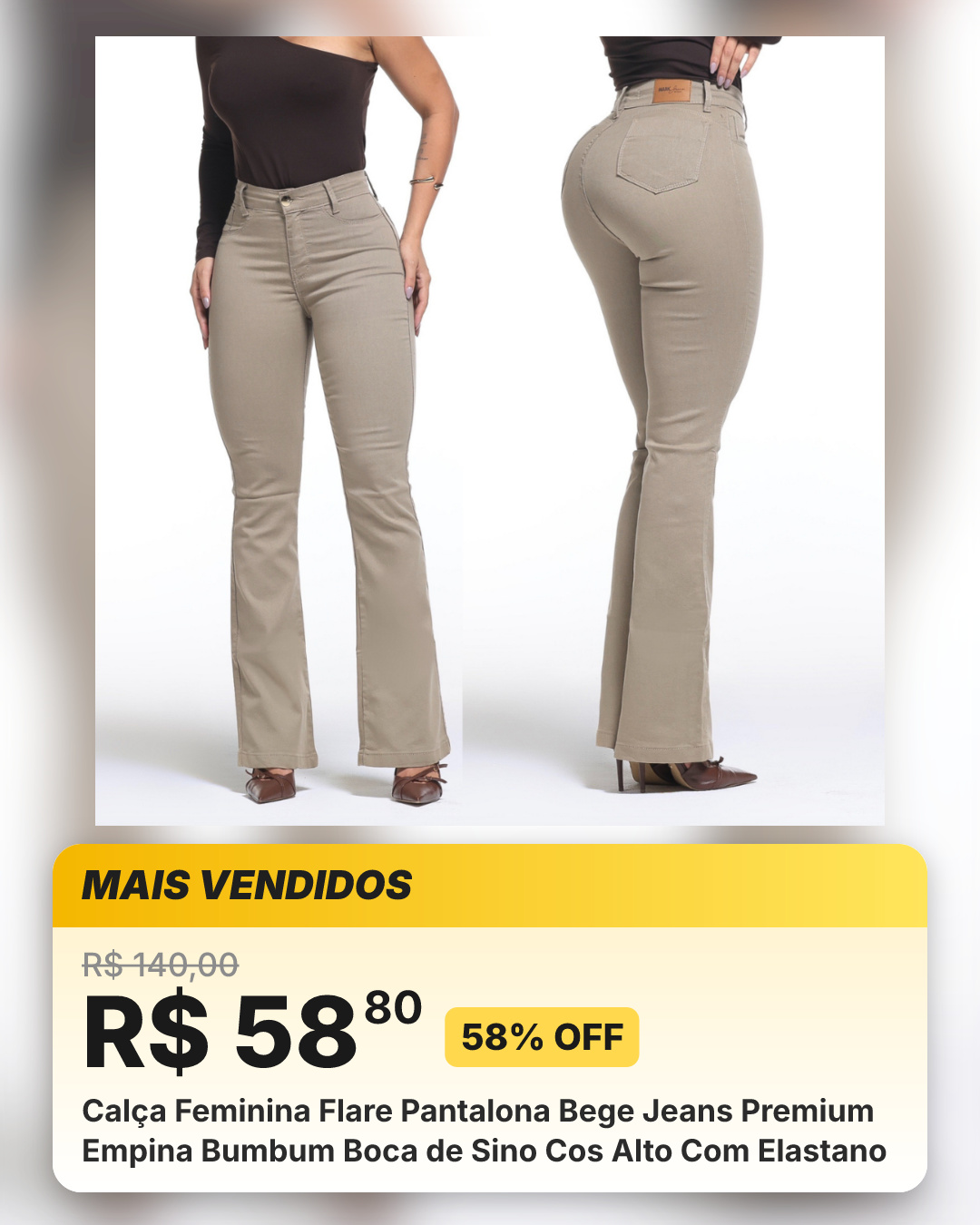 Calça Feminina Flare Pantalona Bege Jeans Premium Empina Bumbum Boca de Sino Cos Alto Com Elastano