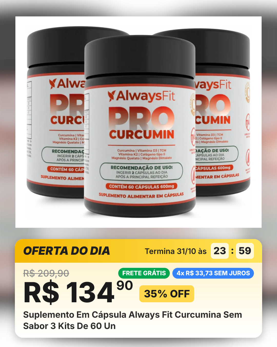 Suplemento Em Cápsula Always Fit Curcumina Sem Sabor 3 Kits De 60 Un