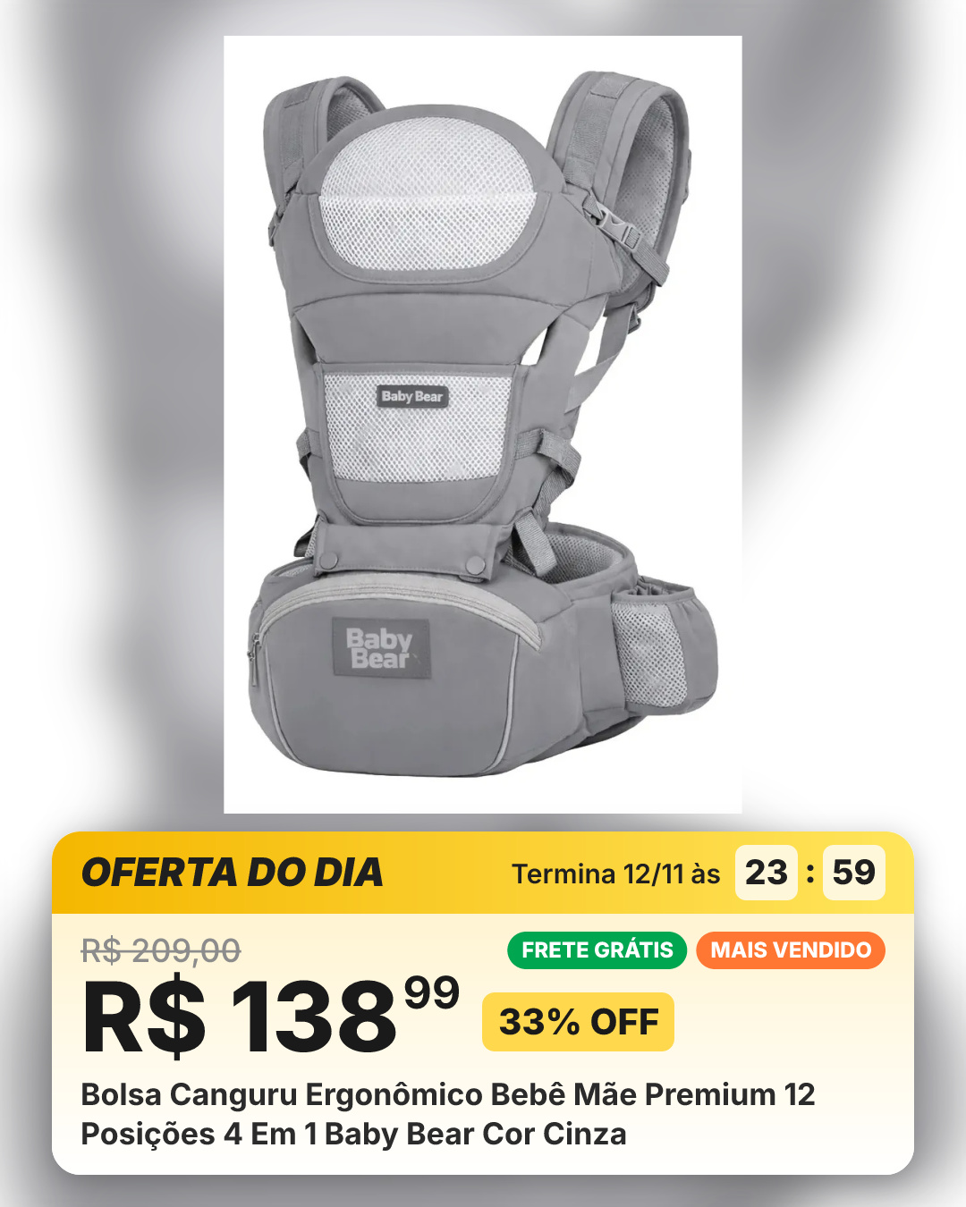 Bolsa Canguru Ergonômico Bebê Mãe Premium 12 Posições 4 Em 1 Baby Bear Cor Cinza