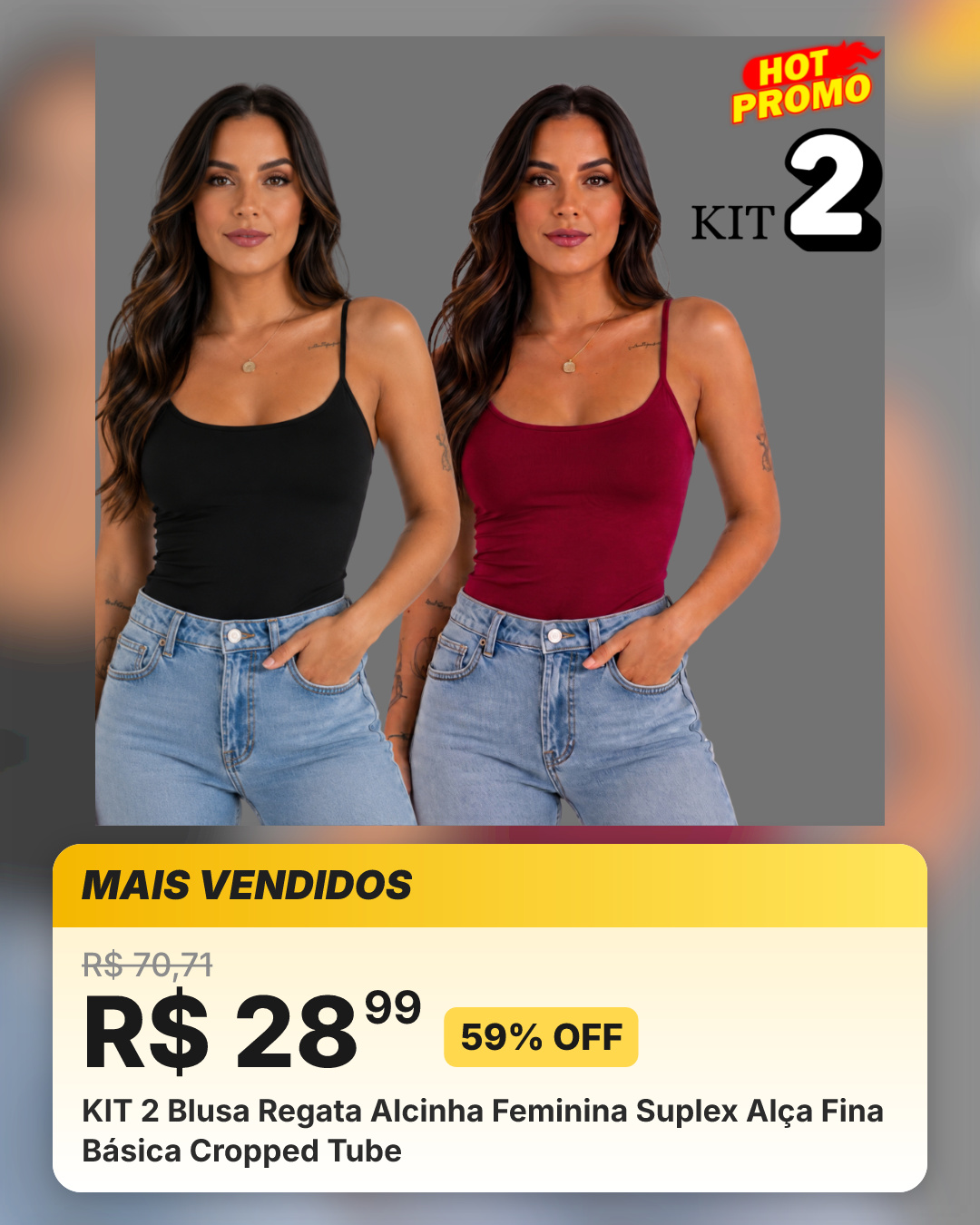 KIT 2 Blusa Regata Alcinha Feminina Suplex Alça Fina Básica Cropped Tube