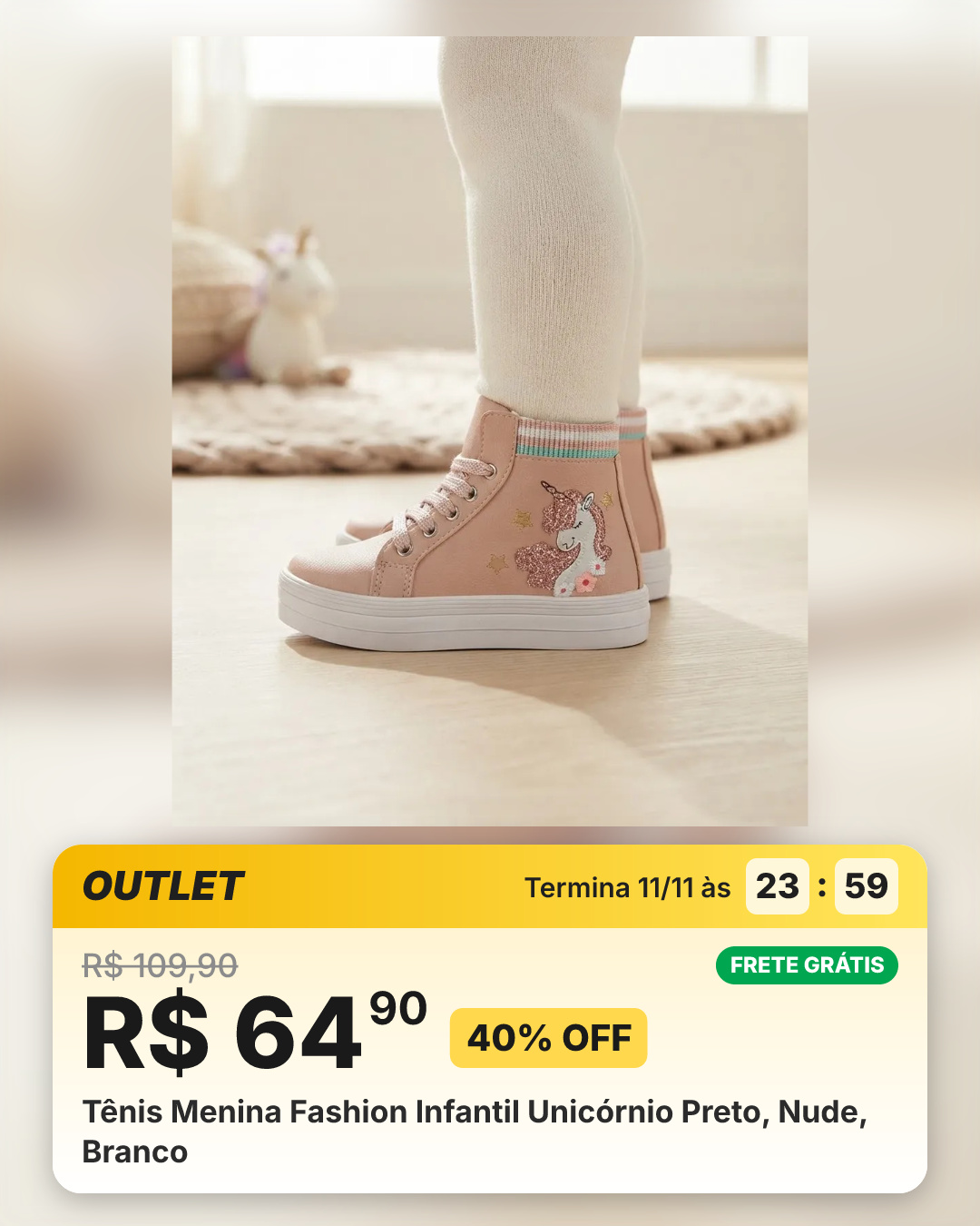 Tênis Menina Fashion Infantil Unicórnio Preto, Nude, Branco