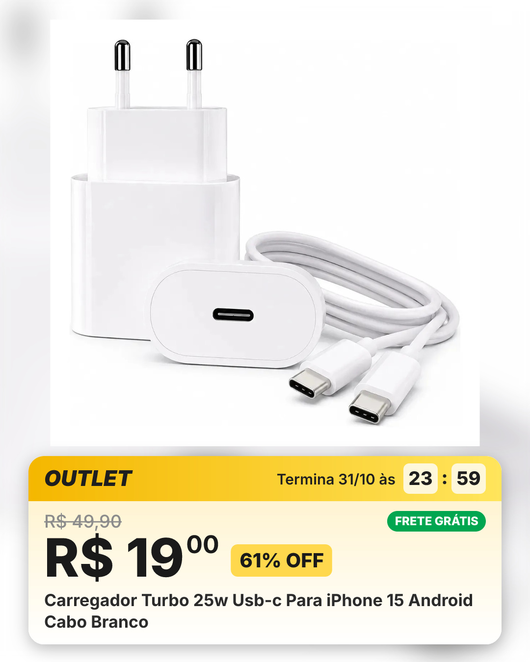 Carregador Turbo 25w Usb-c Para iPhone 15 Android Cabo Branco