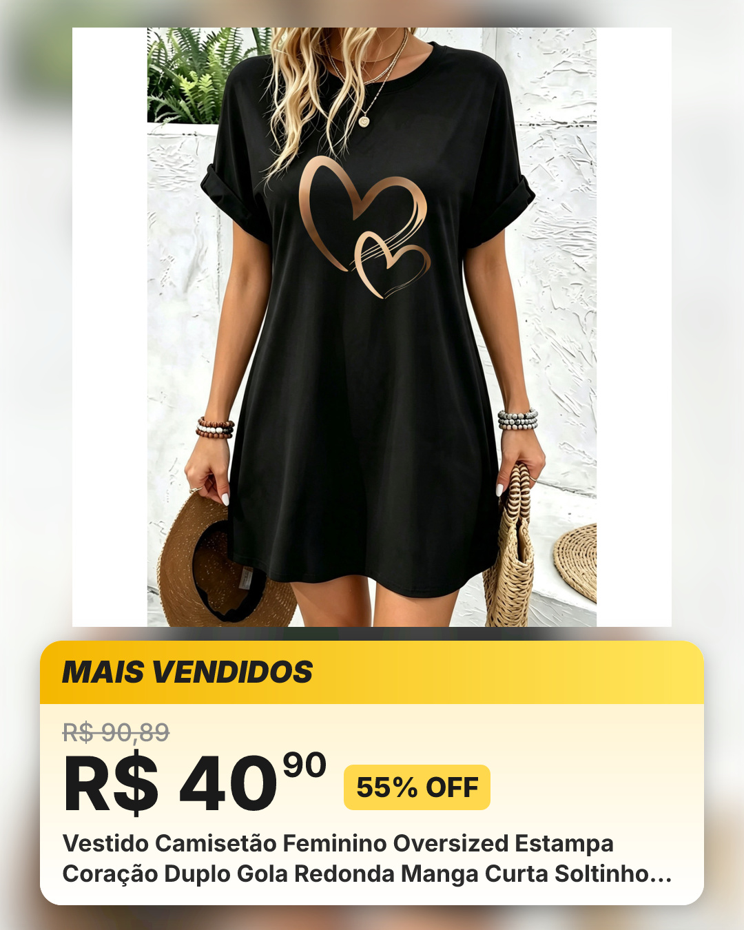 Vestido Camisetão Feminino Oversized Estampa Coração Duplo Gola Redonda Manga Curta Soltinho Lazer Passeio Verão