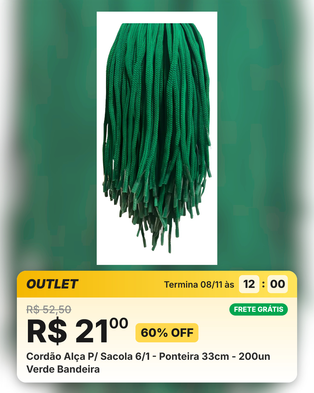 Cordão Alça P/ Sacola 6/1 - Ponteira 33cm - 200un Verde Bandeira