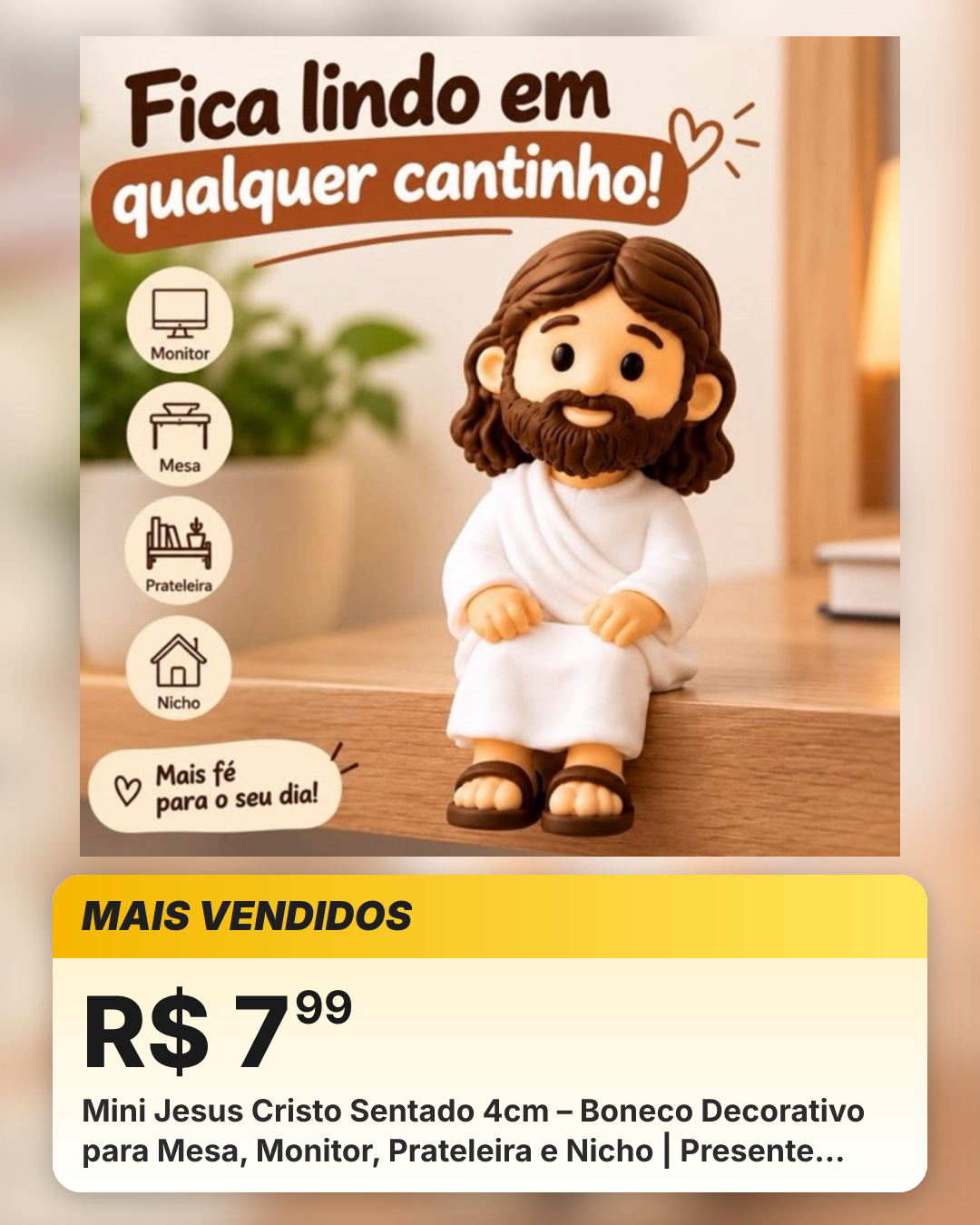 Mini Jesus Cristo Sentado 4cm – Boneco Decorativo para Mesa, Monitor, Prateleira e Nicho | Presente Religioso