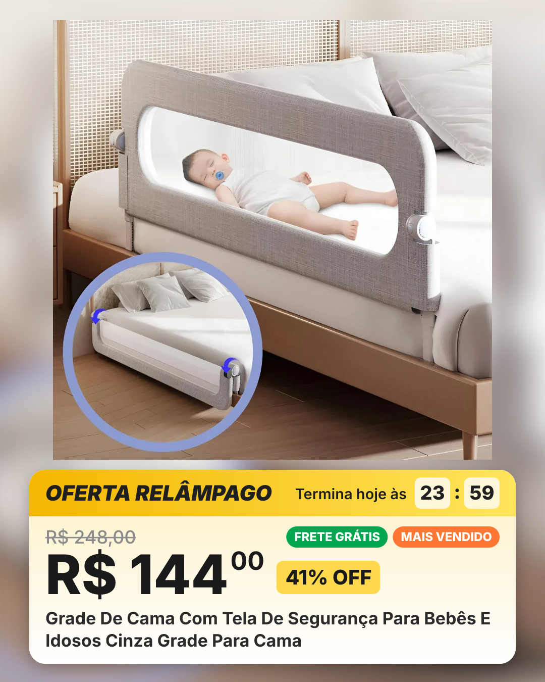 Grade De Cama Com Tela De Segurança Para Bebês E Idosos Cinza Grade Para Cama