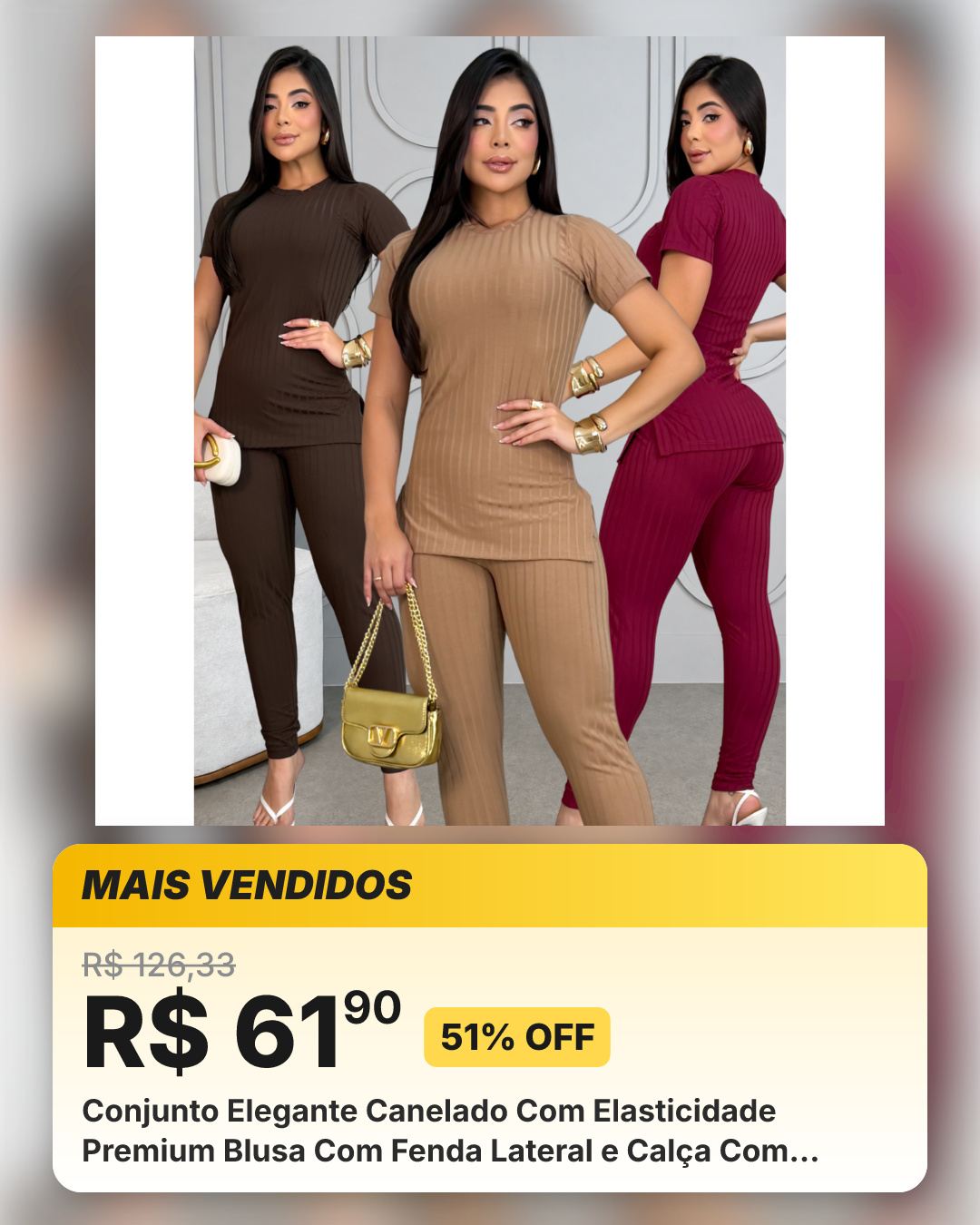 Conjunto Elegante Canelado Com Elasticidade Premium Blusa Com Fenda Lateral e Calça Com Bolso Frio
