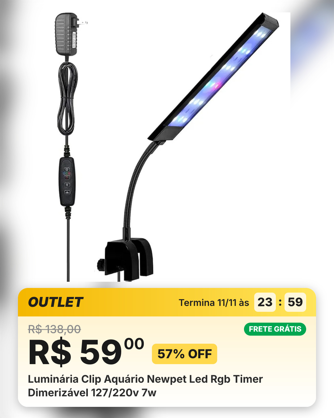 Luminária Clip Aquário Newpet Led Rgb Timer Dimerizável 127/220v 7w