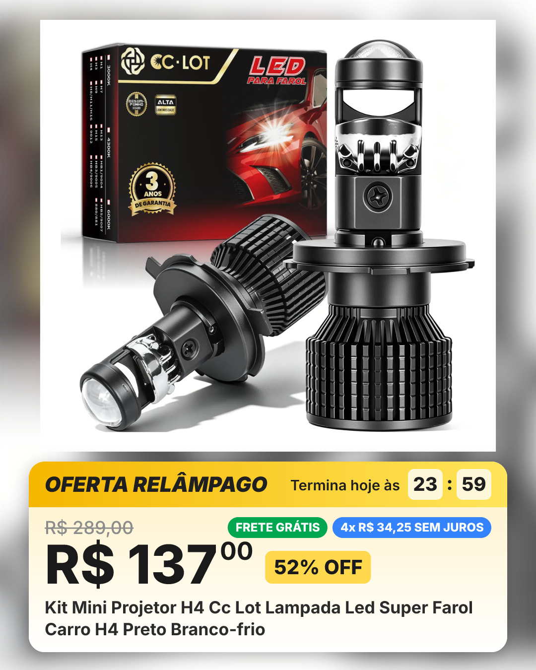 Kit Mini Projetor H4 Cc Lot Lampada Led Super Farol Carro H4 Preto Branco-frio