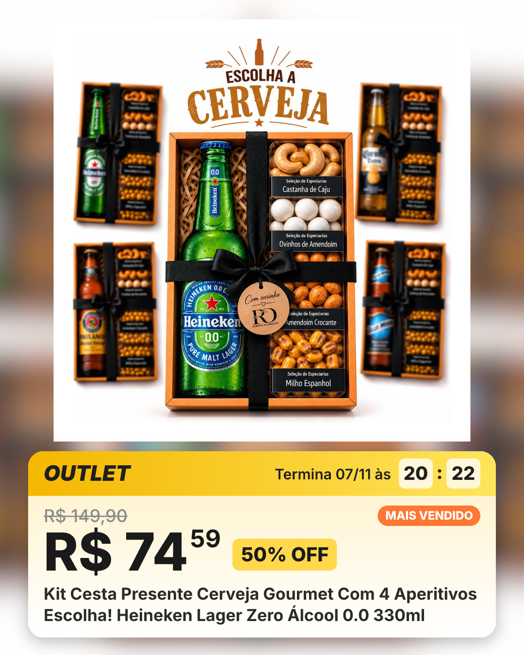 Kit Cesta Presente Cerveja Gourmet Com 4 Aperitivos Escolha! Heineken Lager Zero Álcool 0.0 330ml