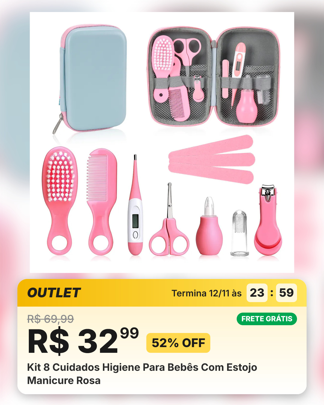 Kit 8 Cuidados Higiene Para Bebês Com Estojo Manicure Rosa