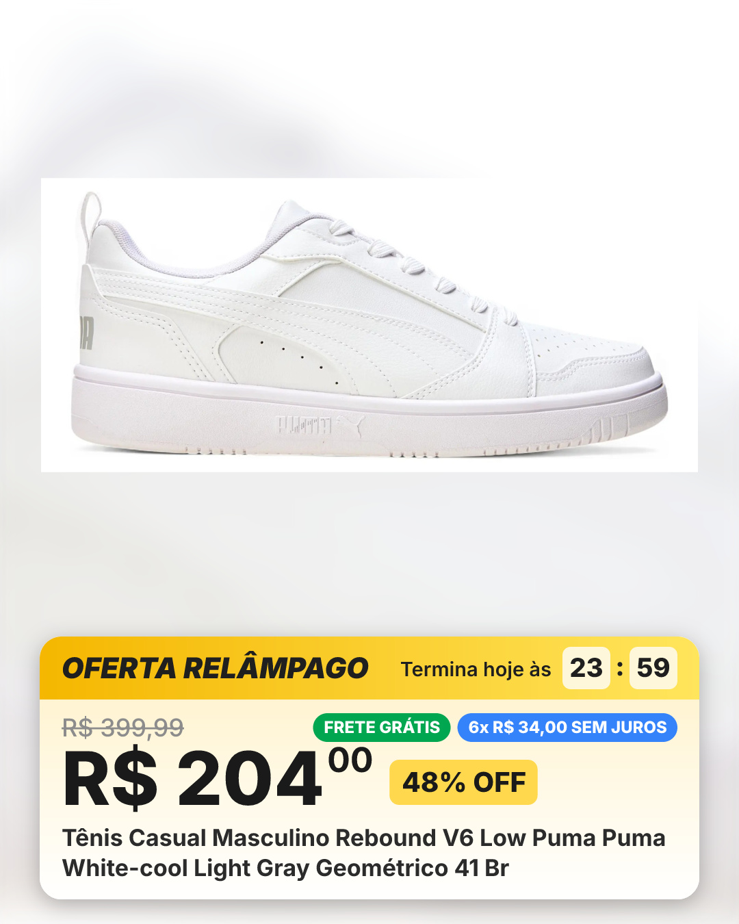 Tênis Casual Masculino Rebound V6 Low Puma Puma White-cool Light Gray Geométrico 41 Br