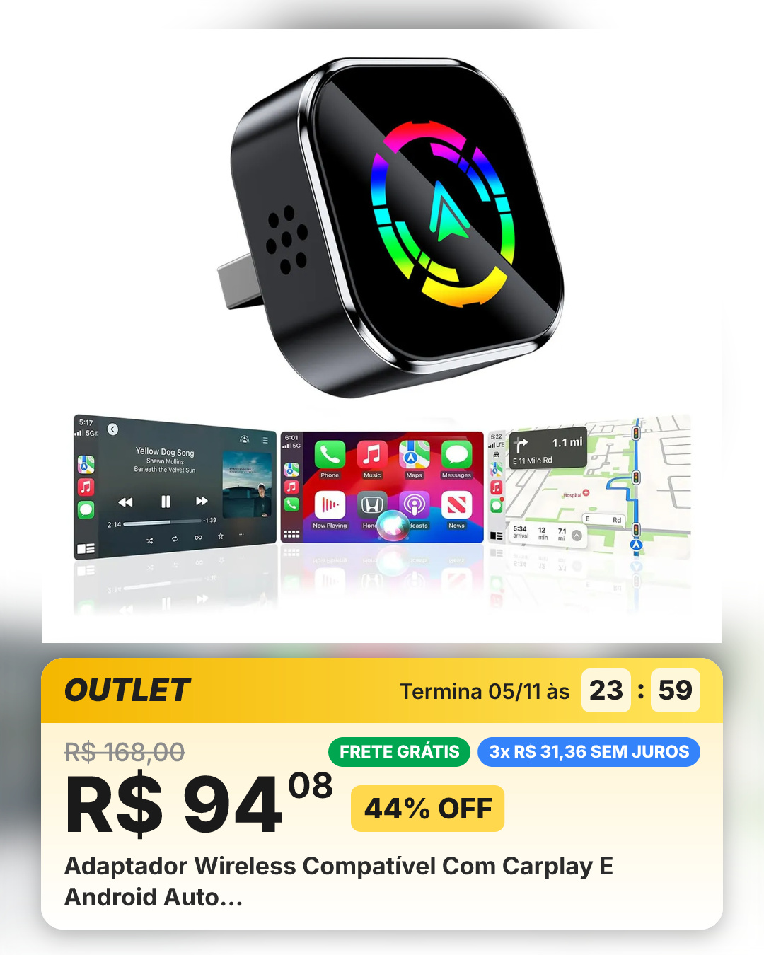 Adaptador Wireless Compatível Com Carplay E Android Auto…