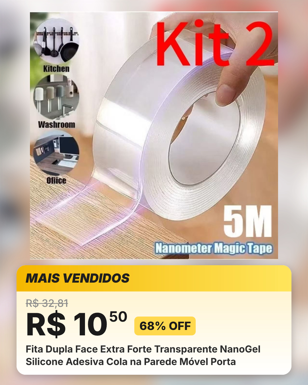 Fita Dupla Face Extra Forte Transparente NanoGel Silicone Adesiva Cola na Parede Móvel Porta