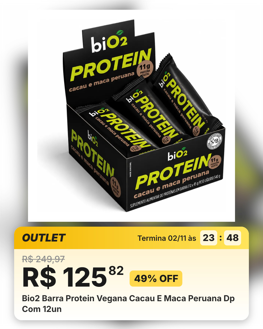 Bio2 Barra Protein Vegana Cacau E Maca Peruana Dp Com 12un