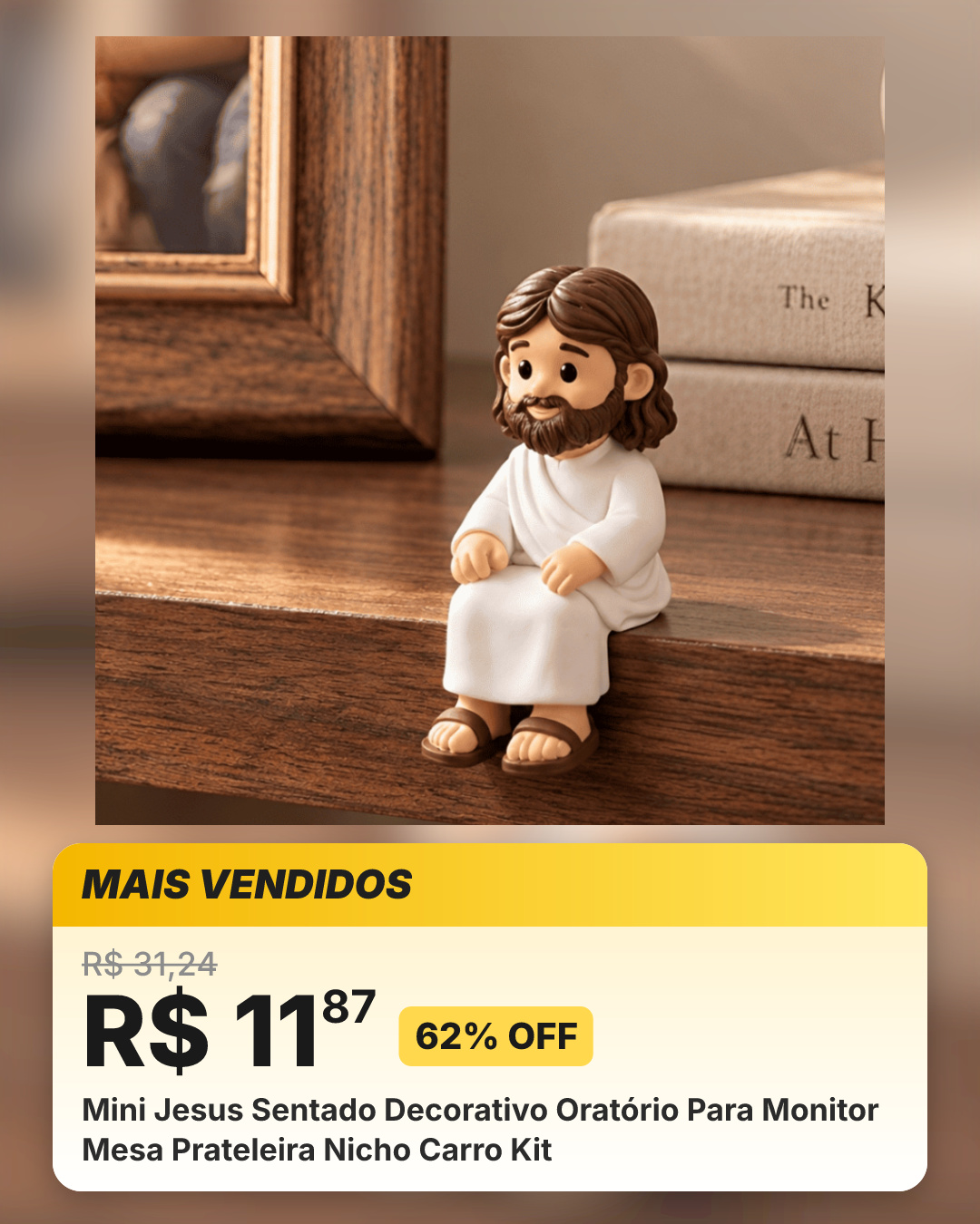 Mini Jesus Sentado Decorativo Oratório Para Monitor Mesa Prateleira Nicho Carro Kit