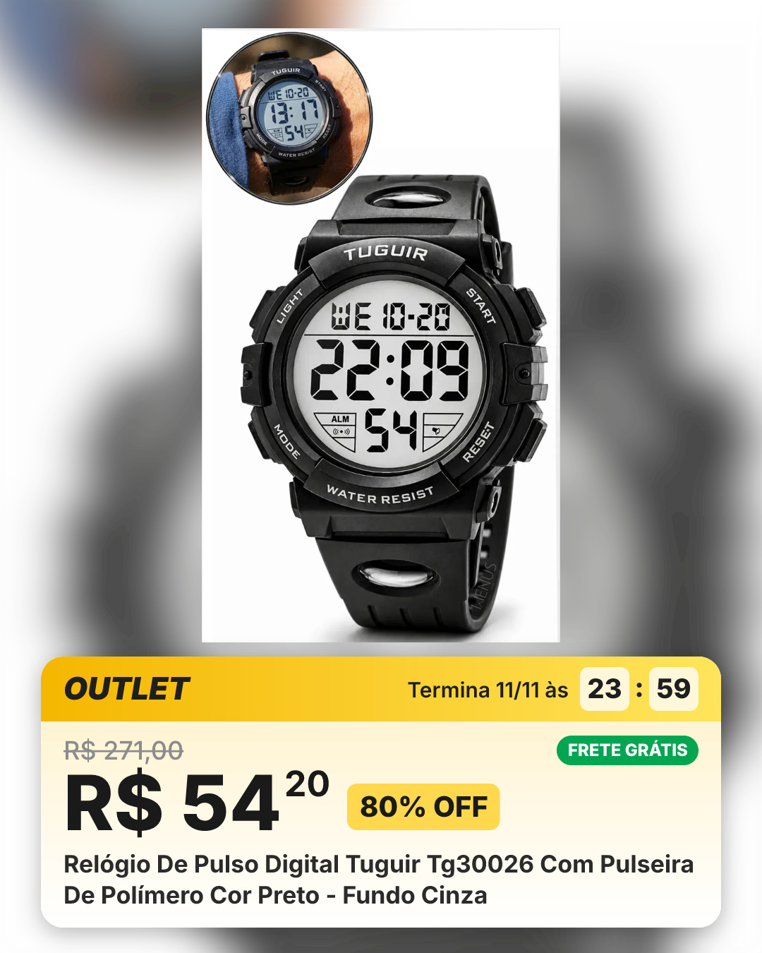 Relógio De Pulso Digital Tuguir Tg30026 Com Pulseira De Polímero Cor Preto - Fundo Cinza