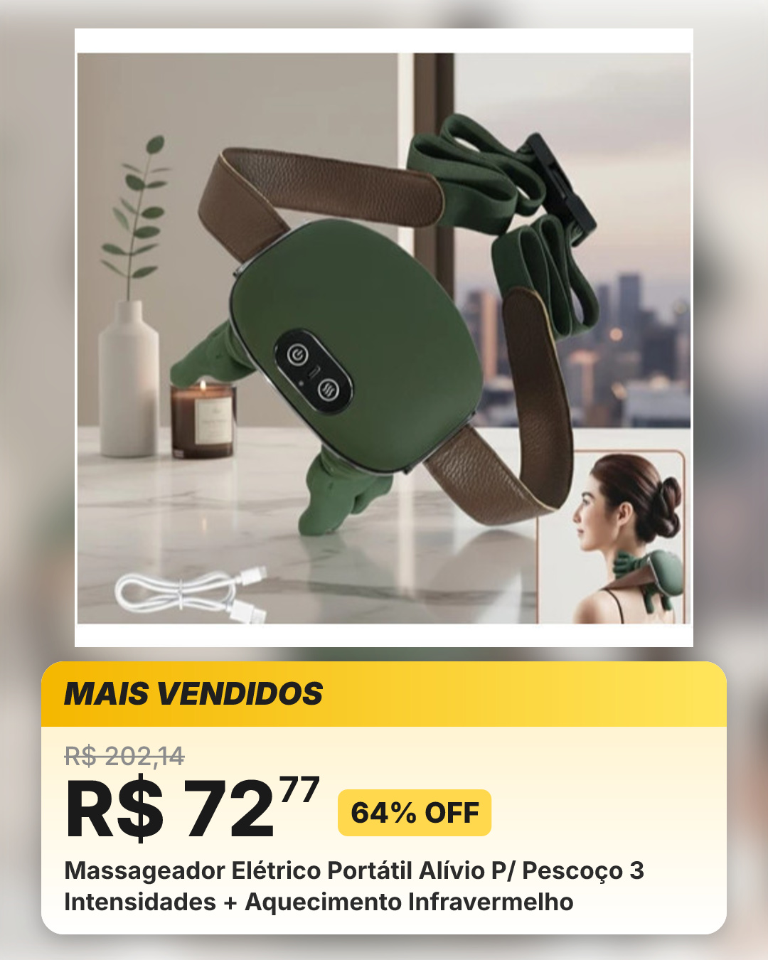 Massageador Elétrico Portátil Alívio P/ Pescoço 3 Intensidades + Aquecimento Infravermelho