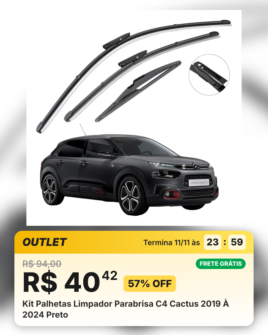 Kit Palhetas Limpador Parabrisa C4 Cactus 2019 À 2024 Preto