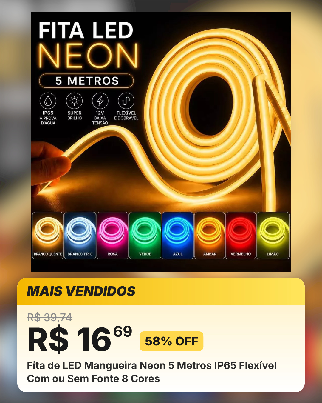 Fita de LED Mangueira Neon 5 Metros IP65 Flexível Com ou Sem Fonte 8 Cores