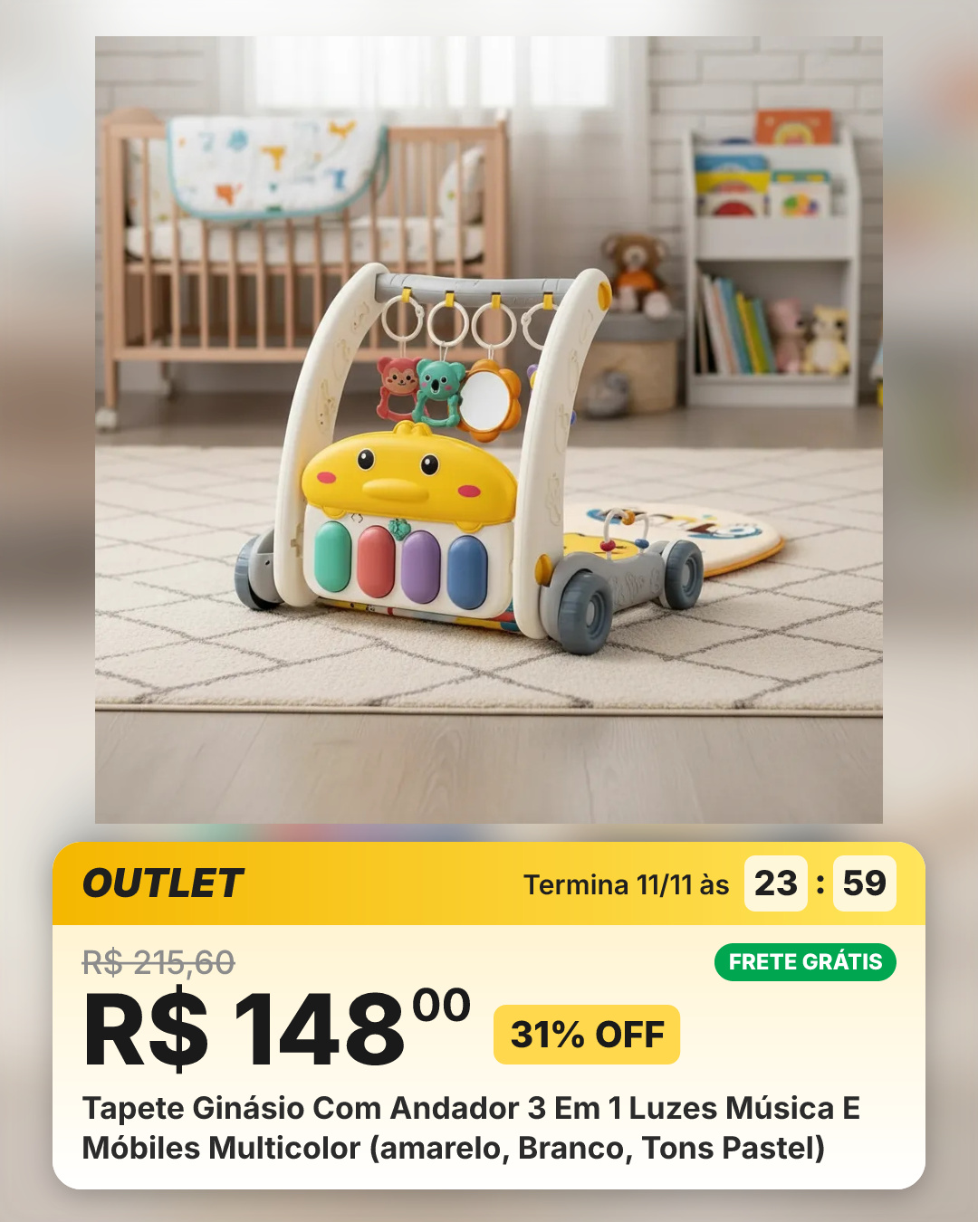 Tapete Ginásio Com Andador 3 Em 1 Luzes Música E Móbiles Multicolor (amarelo, Branco, Tons Pastel)