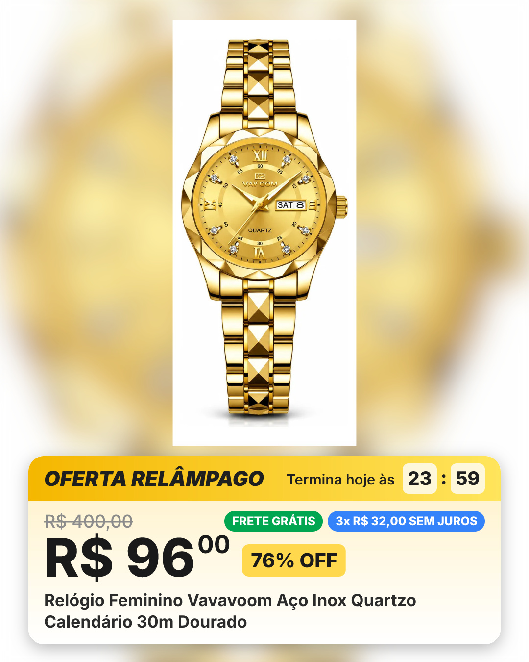 Relógio Feminino Vavavoom Aço Inox Quartzo Calendário 30m Dourado