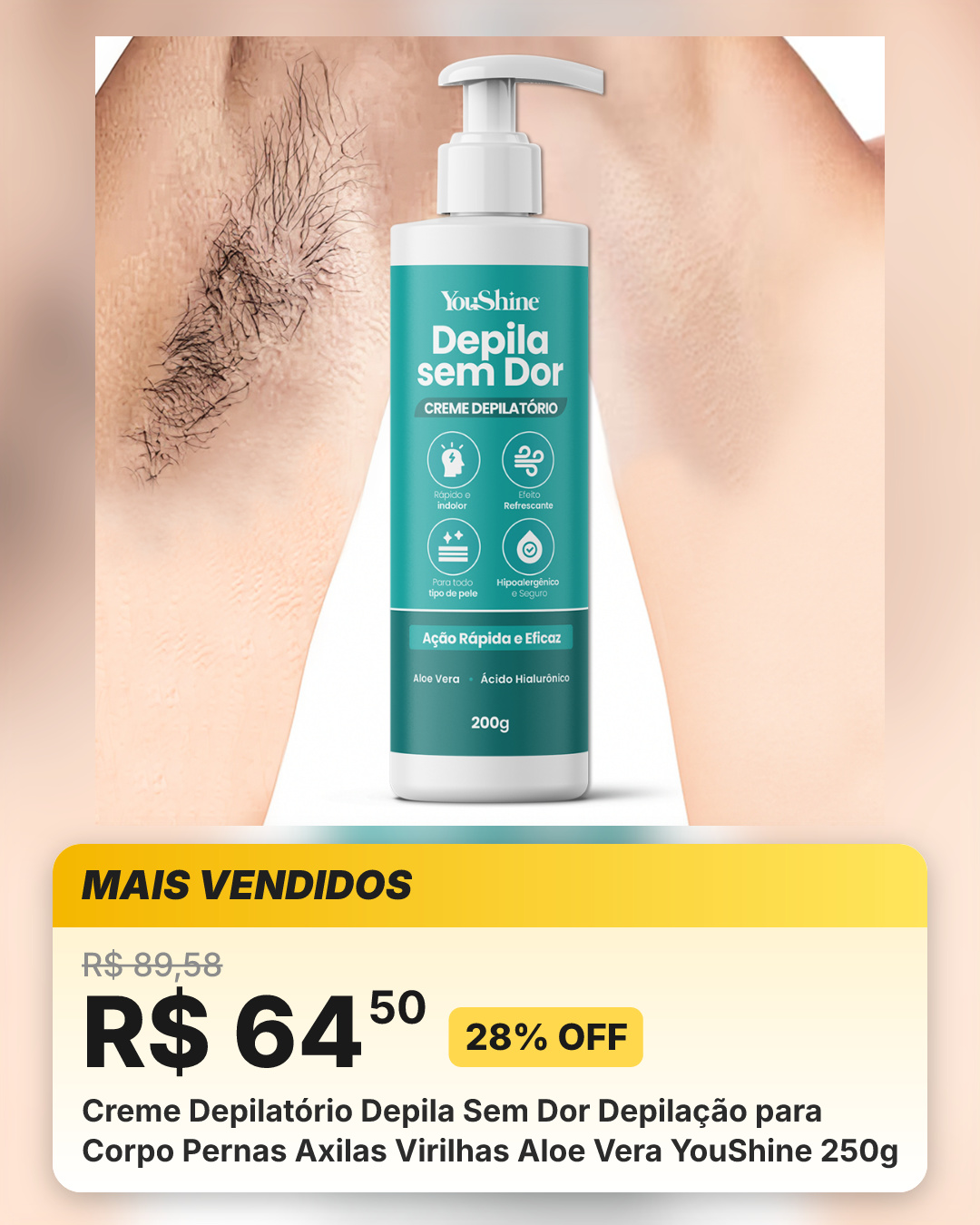 Creme Depilatório Depila Sem Dor Depilação para Corpo Pernas Axilas Virilhas Aloe Vera YouShine 250g