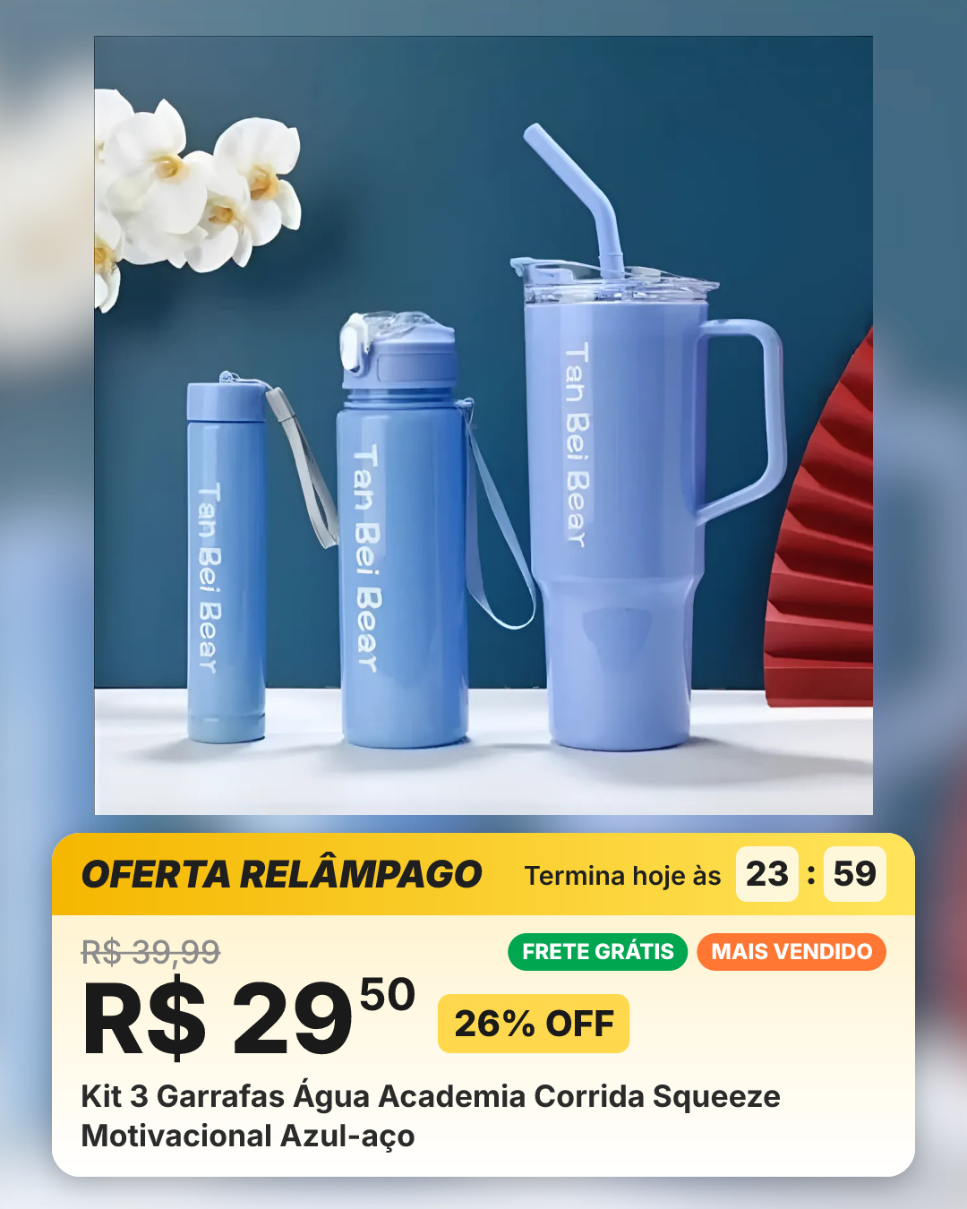 Kit 3 Garrafas Água Academia Corrida Squeeze Motivacional Azul-aço