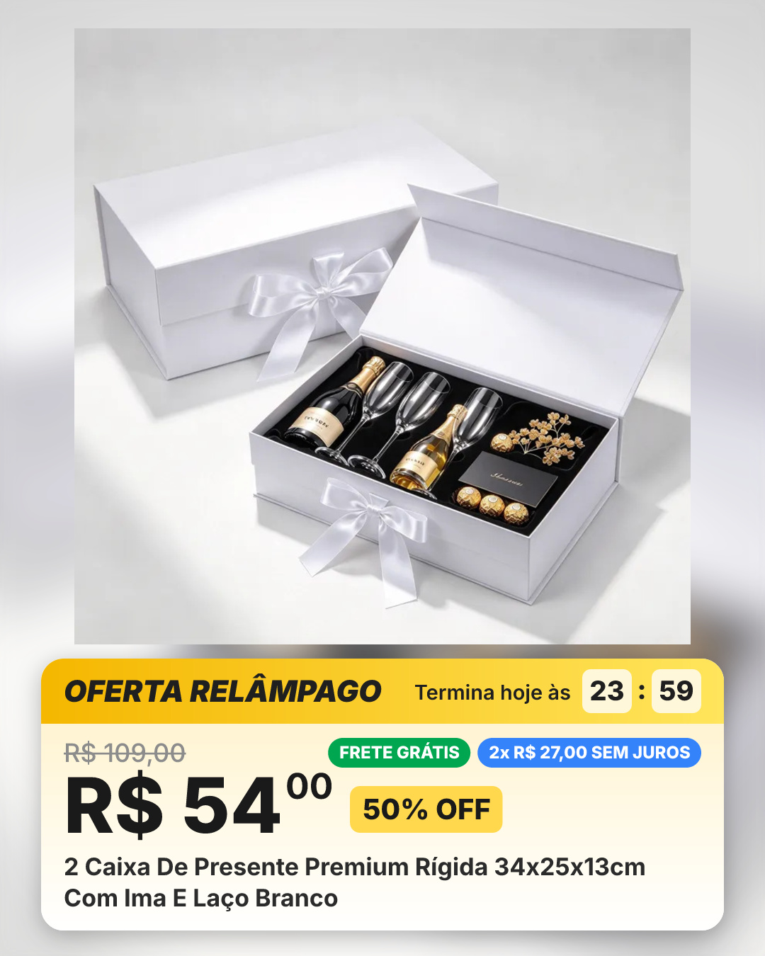 2 Caixa De Presente Premium Rígida 34x25x13cm Com Ima E Laço Branco