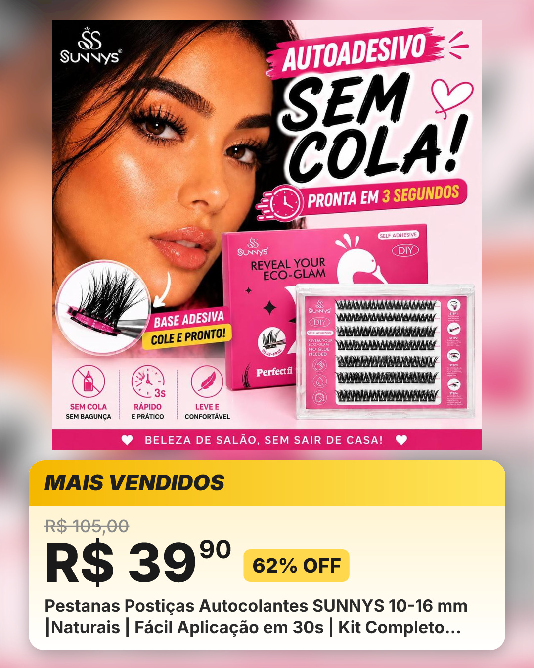 Pestanas Postiças Autocolantes SUNNYS 10-16 mm |Naturais | Fácil Aplicação em 30s | Kit Completo com Pinça | Sem Cola