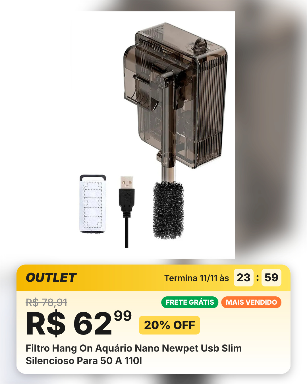 Filtro Hang On Aquário Nano Newpet Usb Slim Silencioso Para 50 A 110l
