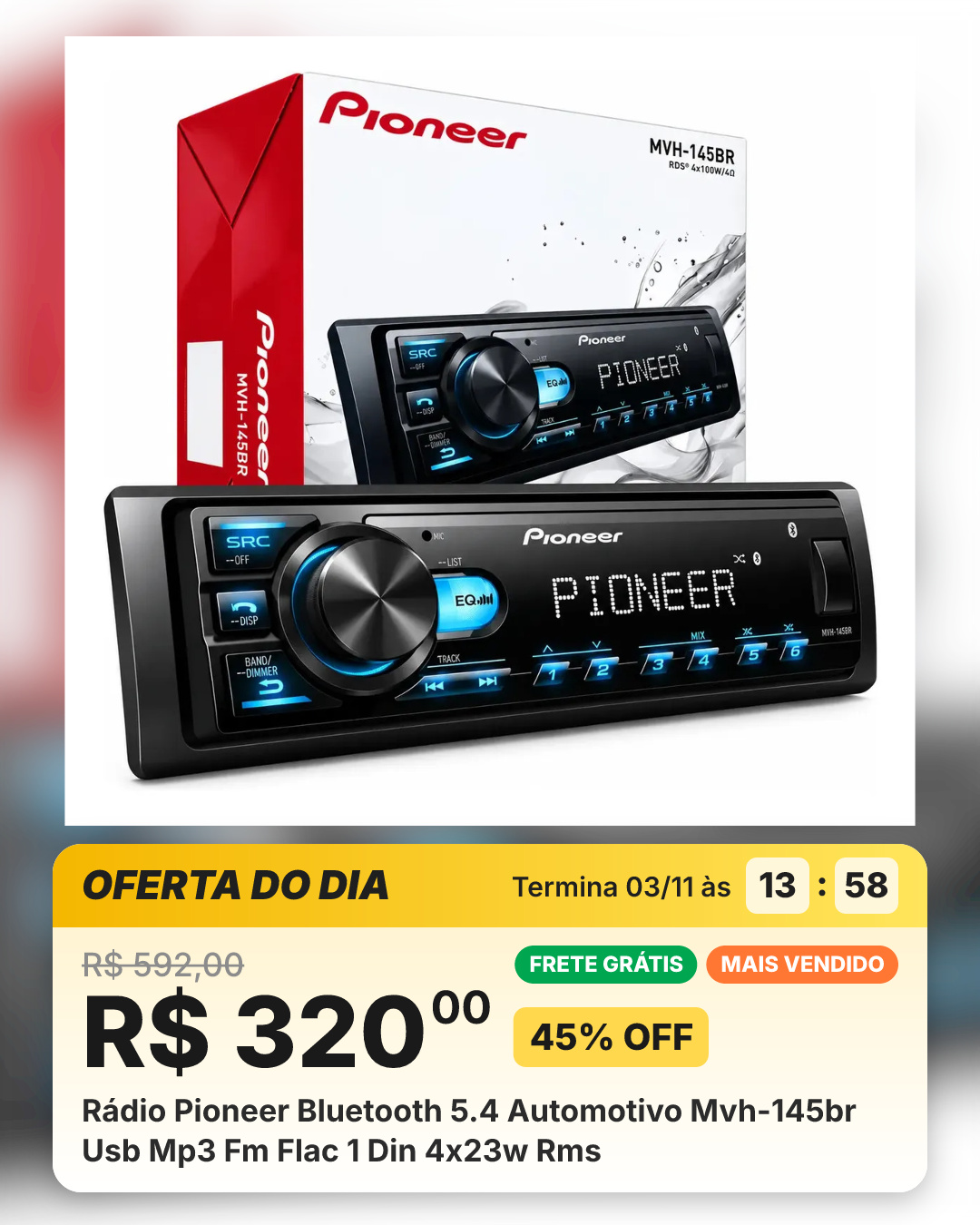 Rádio Pioneer Bluetooth 5.4 Automotivo Mvh-145br Usb Mp3 Fm Flac 1 Din 4x23w Rms