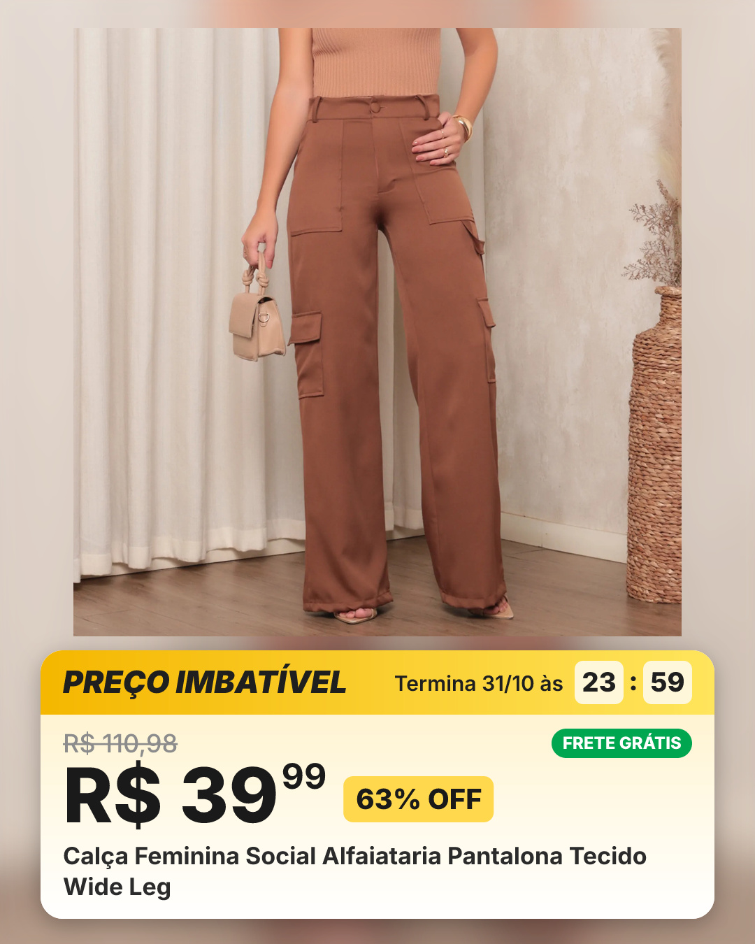 Calça Feminina Social Alfaiataria Pantalona Tecido Wide Leg