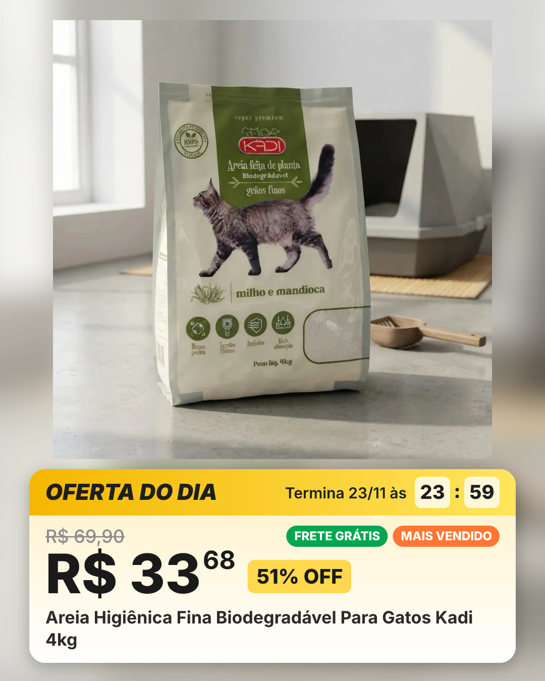Areia Higiênica Fina Biodegradável Para Gatos Kadi 4kg